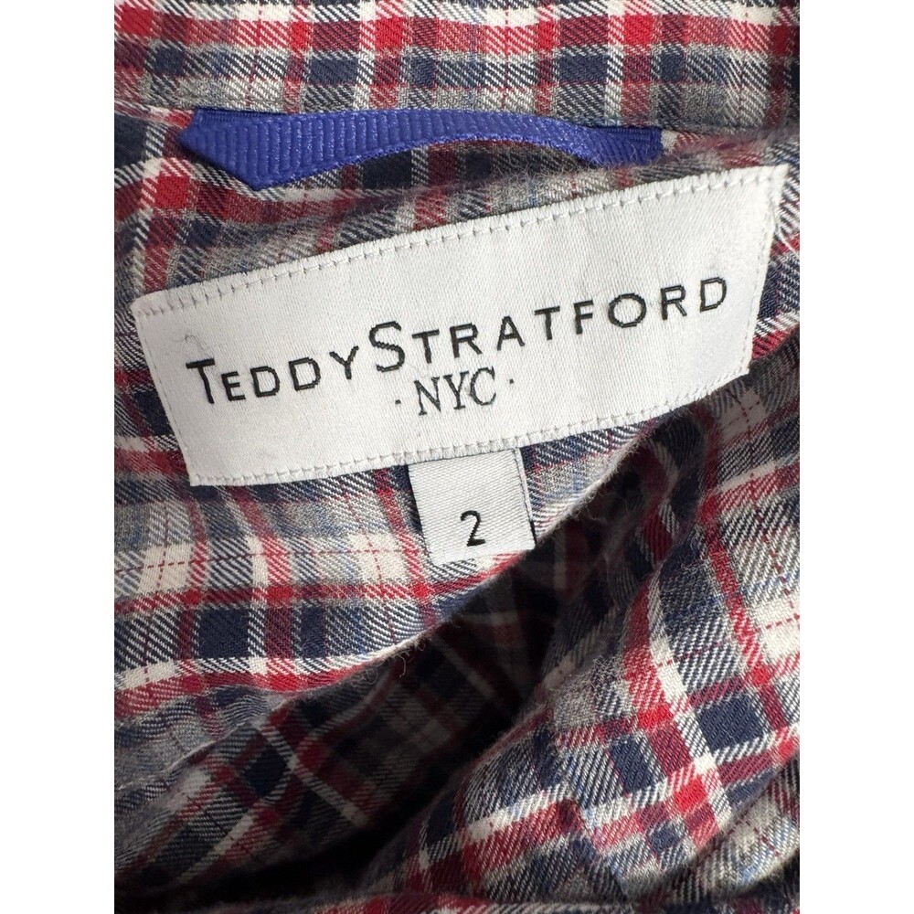 Teddy Stratford Shirt Mens Size 2 Red Blue Gray Check Zipfit Button Down - Picture 7 of 8